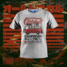 Load image into Gallery viewer, Camper Van features a red VW Camper van on a Grey Shirt - T shirt Oldskull Shirts Store USA the best store in North America.